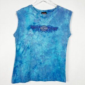Harley Davidson Tee Womens XL Blue Tie Dye Y2K Cotton Tank Top Moto Bikercore